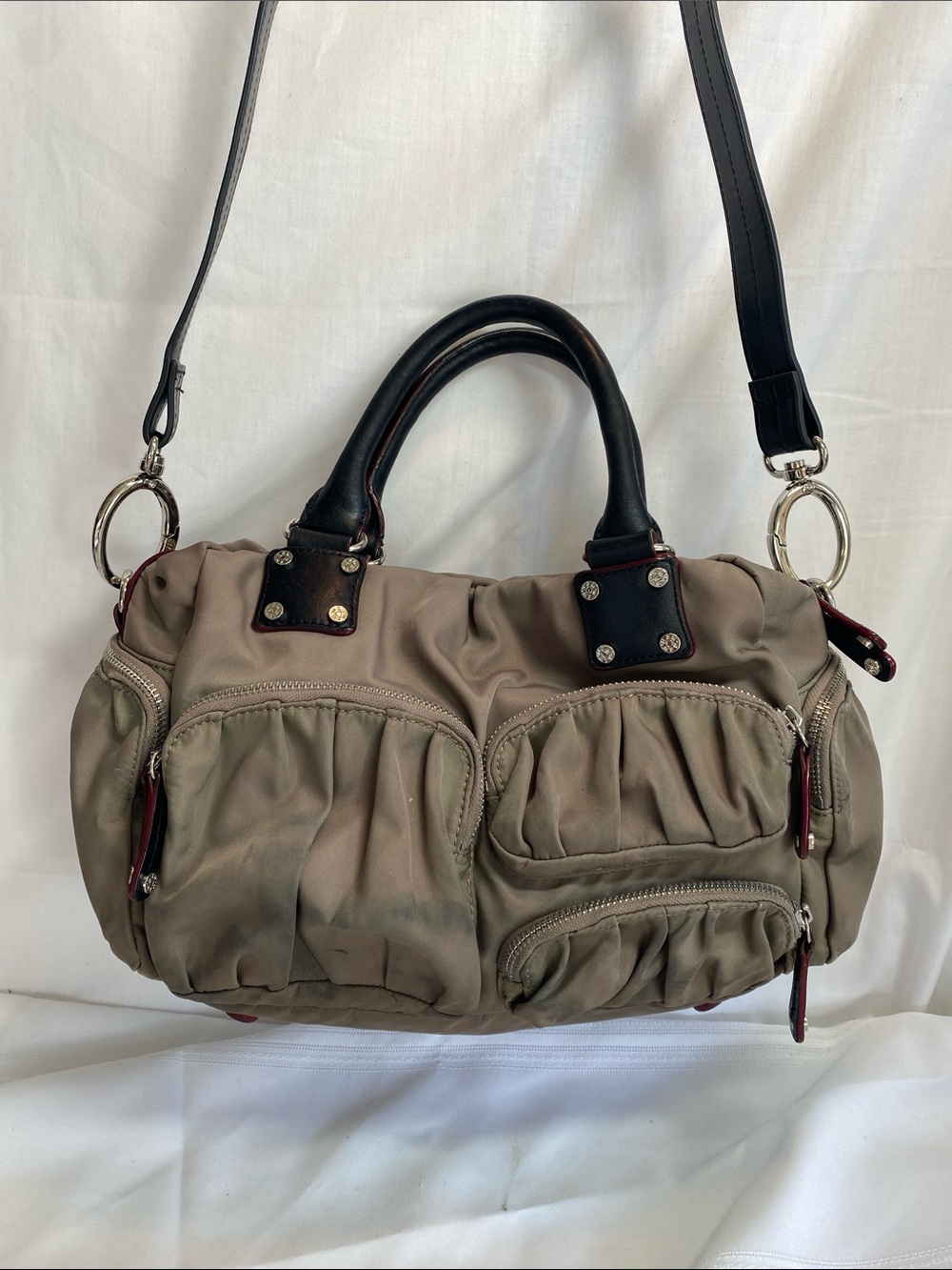 MZ Wallace Taupe Nylon Multi-Pocket Satchel with Black Handles